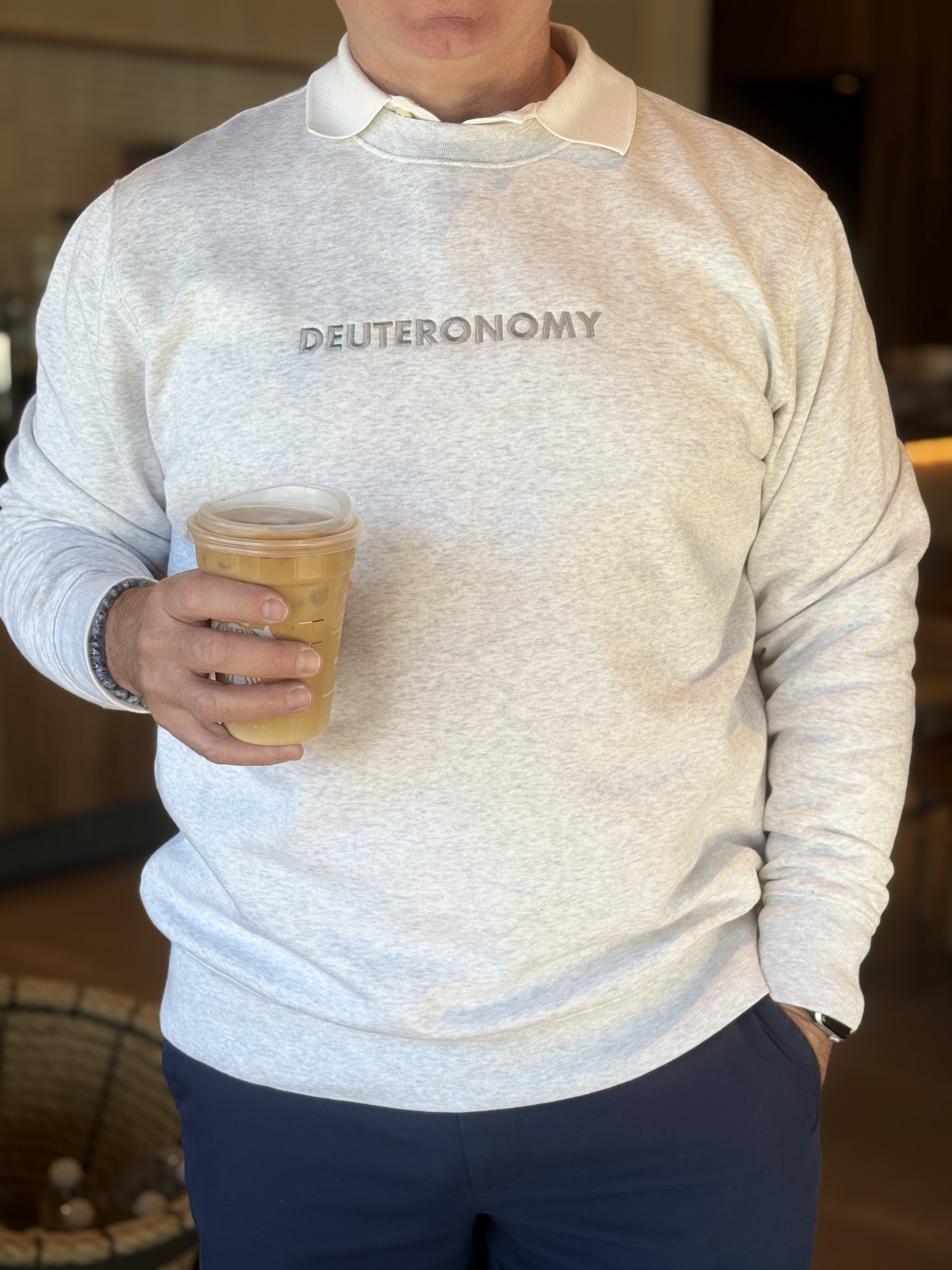Deuteronomy sweatshirt in Heather Gray, lifestyle