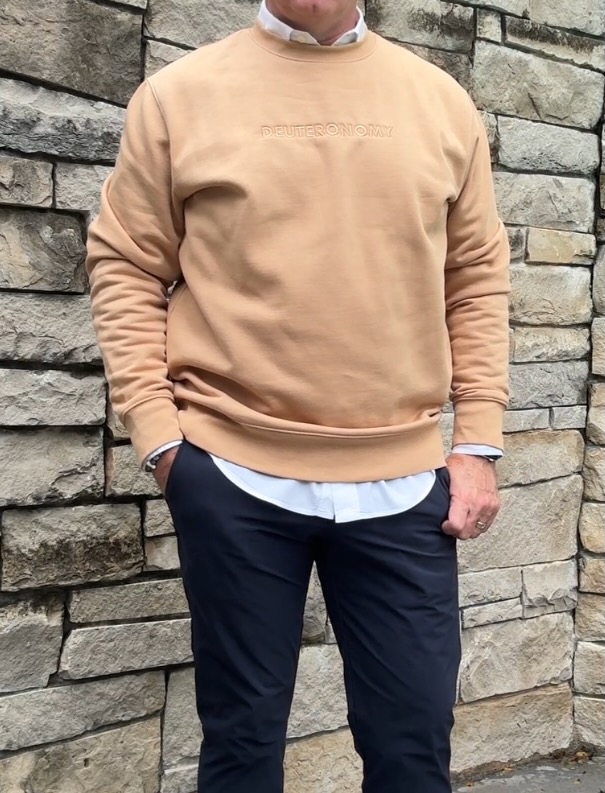 Deuteronomy sweatshirt in Latte, lifestyle photo